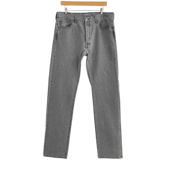 Levis 501 Button Fly Mens Jeans 34x34 Gray Denim Straight Leg Stretch Grunge - Picture 1 of 10
